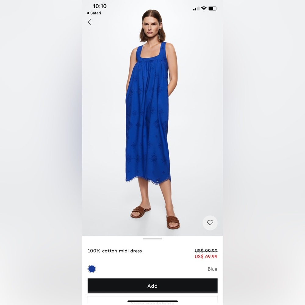Mango Blue Cotton Midi Dress